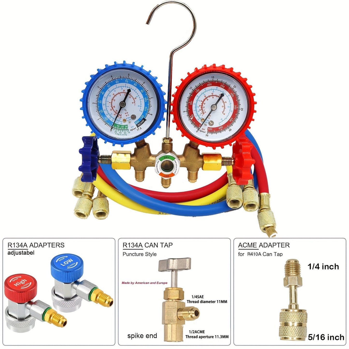 Car AC Dual-Gauge Refrigerant Pressure Tester Set - Made of Long-lasting Plastic and Metal, Does Not Require Power - Perfect for R22, R502, R404A, and R134A refrigerants