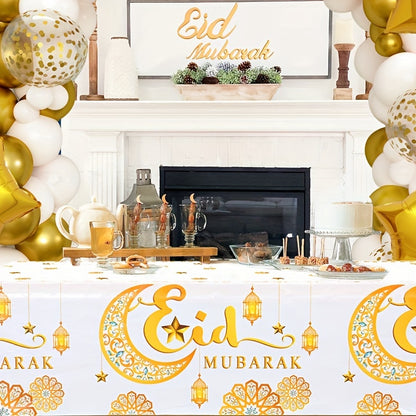 1 Elegant White & Golden Moon Eid Tablecloth with "Eid Mubarak" Design and Islamic Motifs, Disposable Plastic Cover for Ramadan Kareem and Eid Al Adha Celebrations, Ideal for Muslim Party