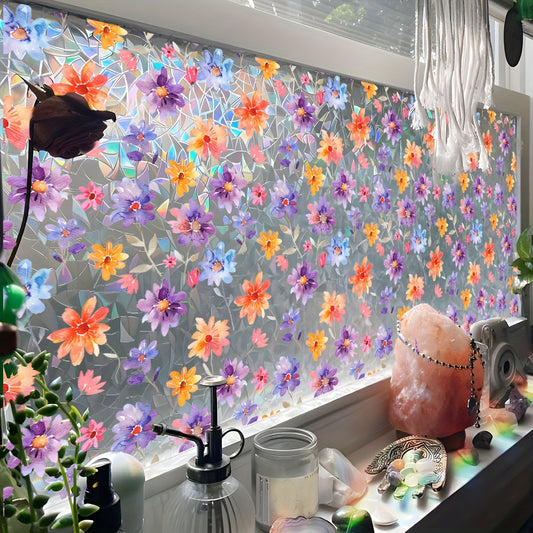 Dual-Sided Vibrant Floral Sunlight Electrostatic Window Cling - Reusable PVC Decor for Bedroom & Balcony Glass, UC4008-ZC, Self-Adhesive