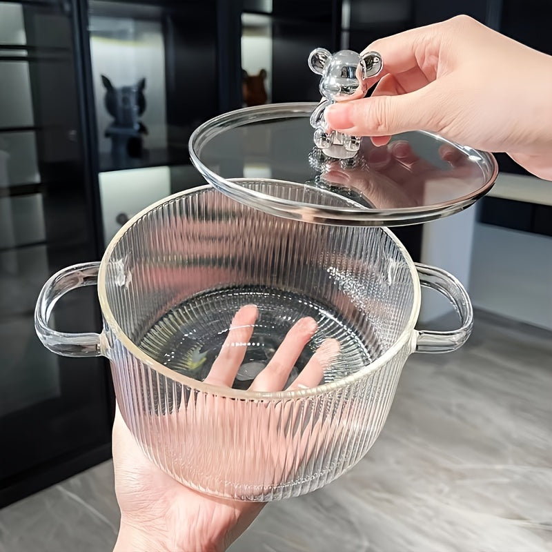 Glass pot with lid for cooking, made of heat-resistant glass. Perfect for pasta, noodles, soup, milk, baby food, and more. Ideal kitchenware and cookware option.