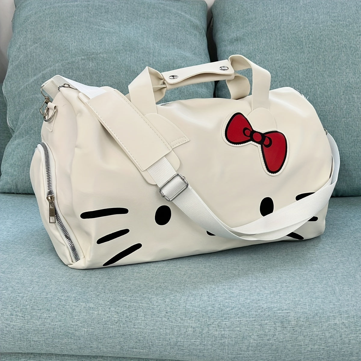 Sanrio Hello Kitty travel bag with adjustable strap, zipper closure, and animal print lining - White