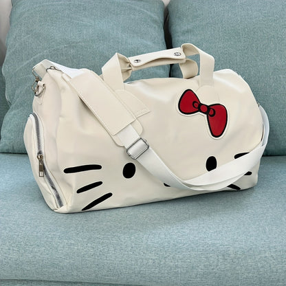 Sanrio Hello Kitty travel bag with adjustable strap, zipper closure, and animal print lining - White