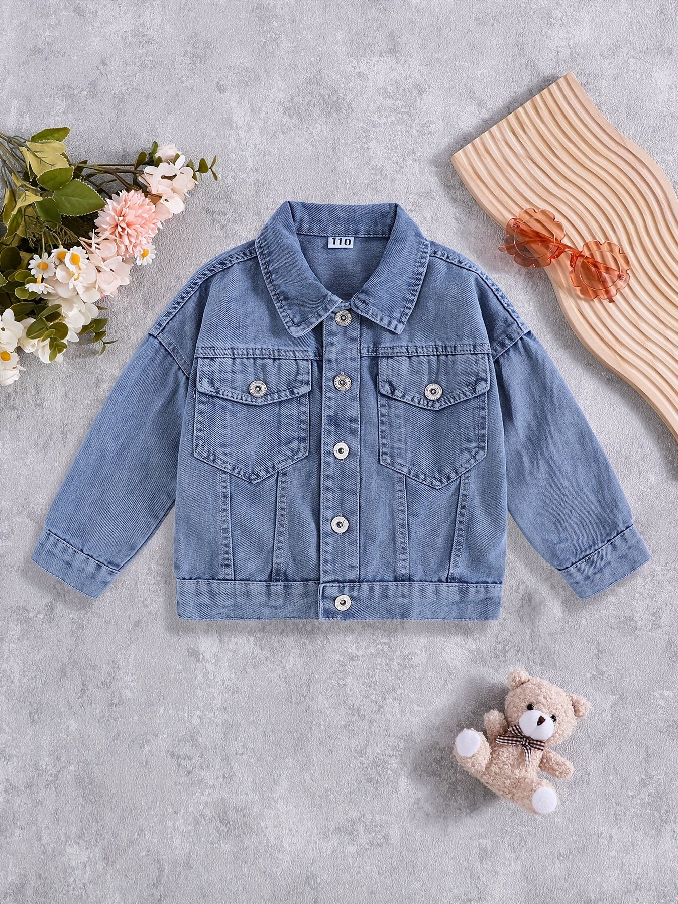 Rabbit embroidered denim jacket for girls, featuring drop shoulder lapel collar, button closure, and animal pattern on non-stretch fabric. Regular fit perfect for fall/winter.