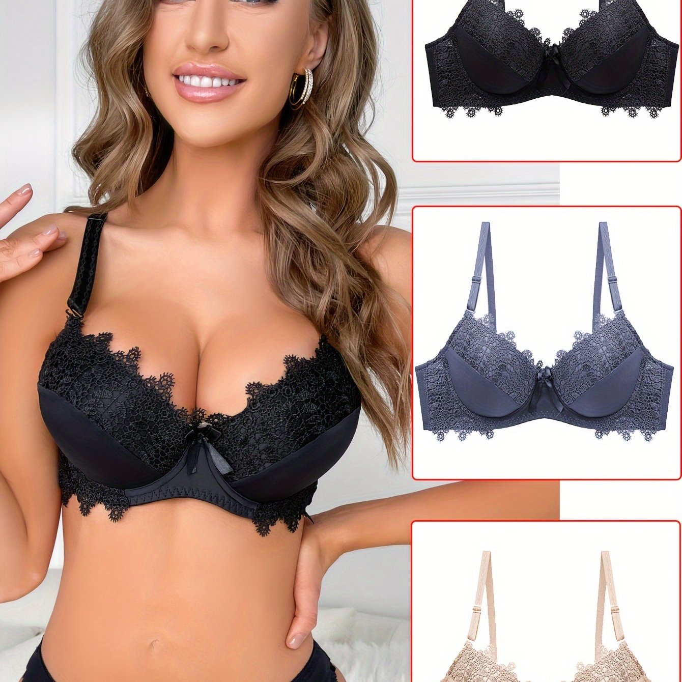 Set of 3 push up bras with contrast lace, comfortable and breathable, includes bow tie detail, for women's lingerie and underwear collection.