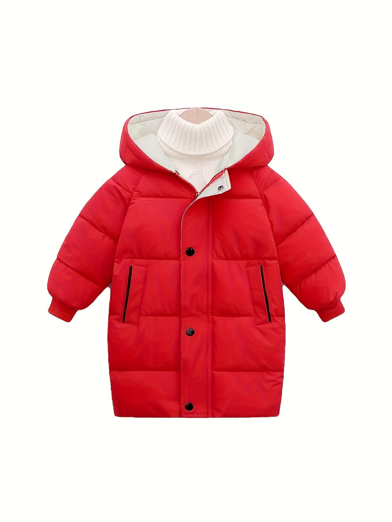 Unisex mid-length hooded padded coat with solid color polyester outerwear, crew neck, long sleeves, and zipper details. Ideal for fall/winter, perfect gift for kids.