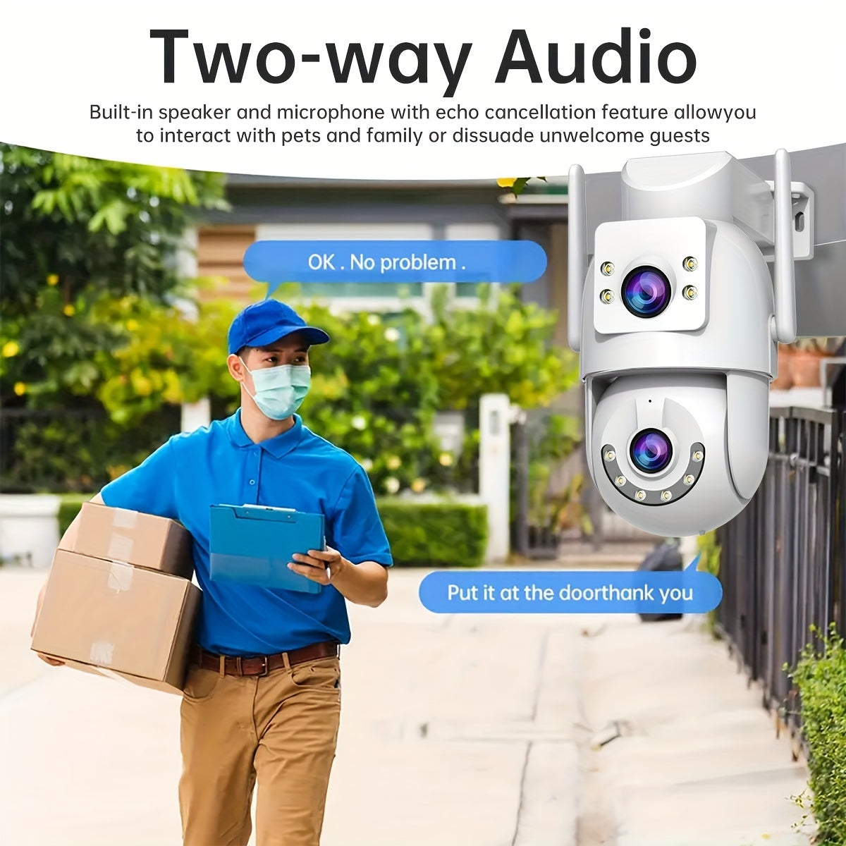 The JOOAN Dual Lens WiFi Security Camera offers PTZ Technology and HD Resolution, with Nightvision for clear imaging in low light. It features Two-Way Audio, Motion Detection, and is suitable for Indoor Use, with the option to wall hang. Smartphone