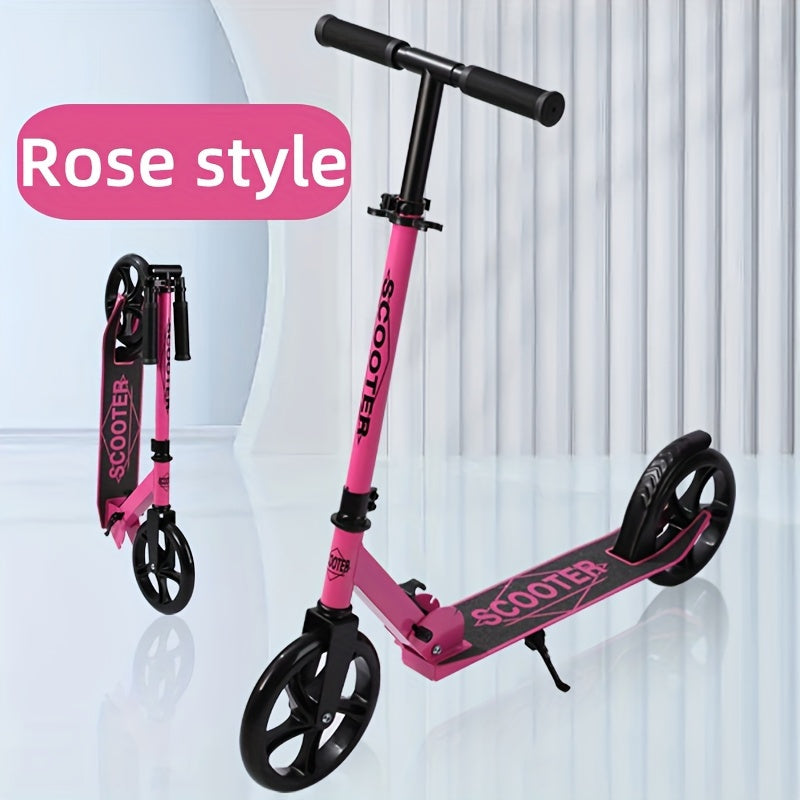 Adult kick scooter with iron frame, foldable design, rear brake, front suspension, anti-slip solid tires, adjustable height - ideal for commuters ages 14+ with maximum load of 100kg.