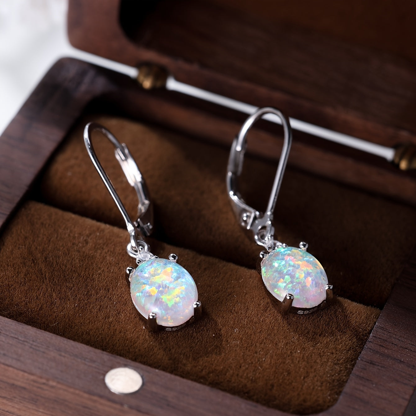 Green Fire Opal Rhodium Plated Round-Cut Dangle Earrings, Women's Leverback Gemstone Drop Earrings weighing 2.2g