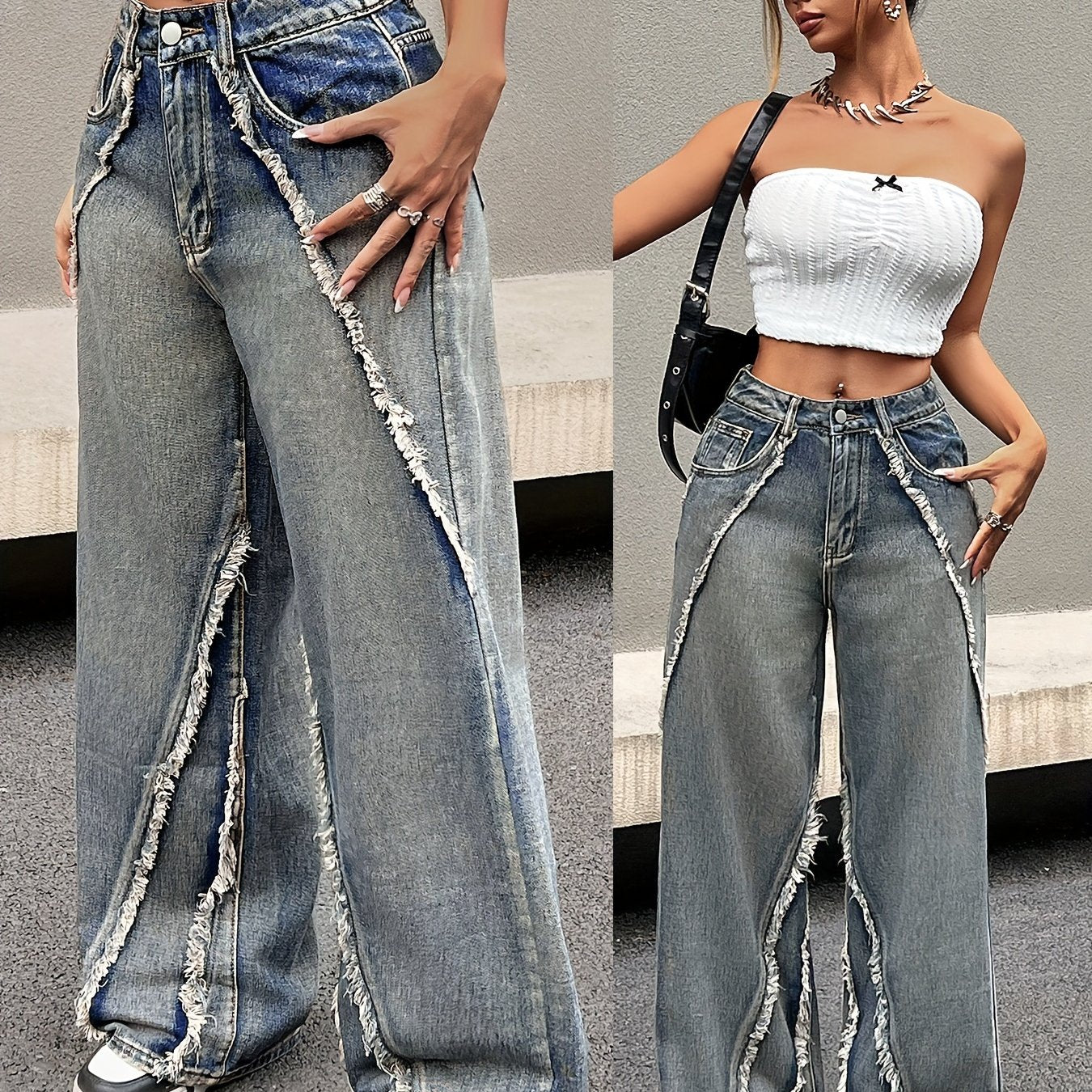 Women's loose fit wide leg jeans with a raw hem and washed blue finish.