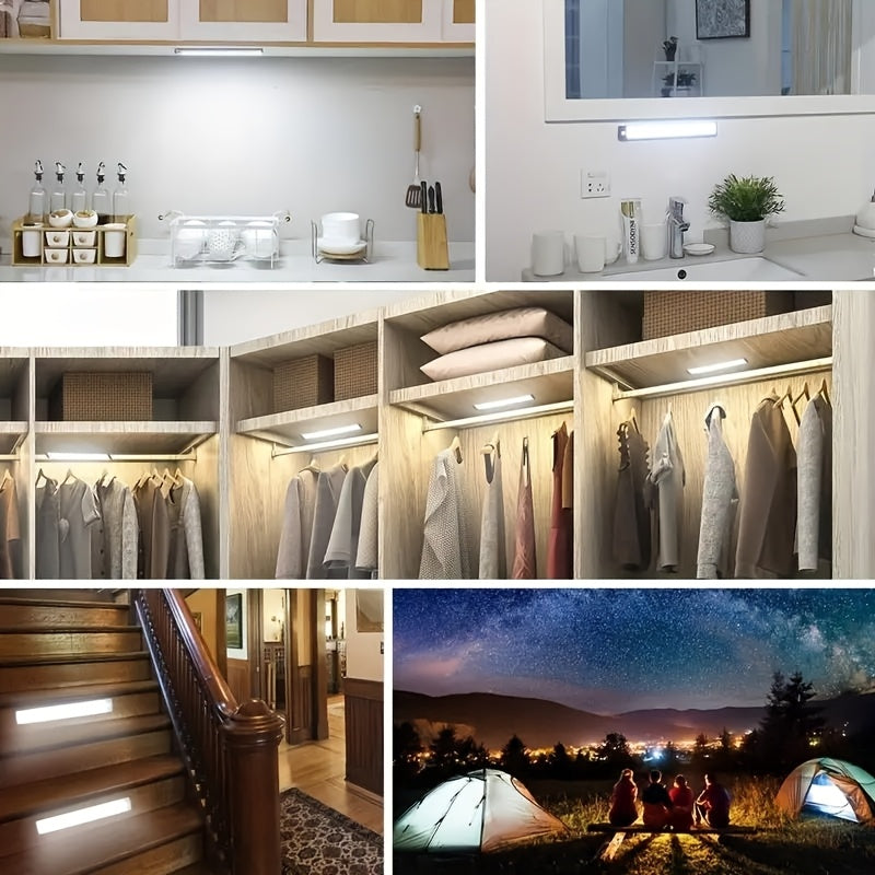 Rechargeable wireless smart sensor light strip with USB power, magnetic mount, and motion detection. Ideal for bedroom, closet, or wine cabinet. Features soft ambient lighting with a button switch and ambient night light. Sleek, wireless LED strip.