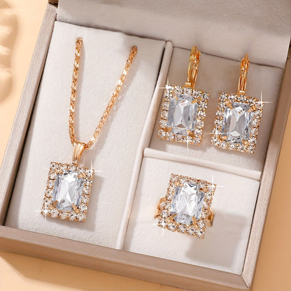 4-piece women's jewelry set with retro square glass rhinestones