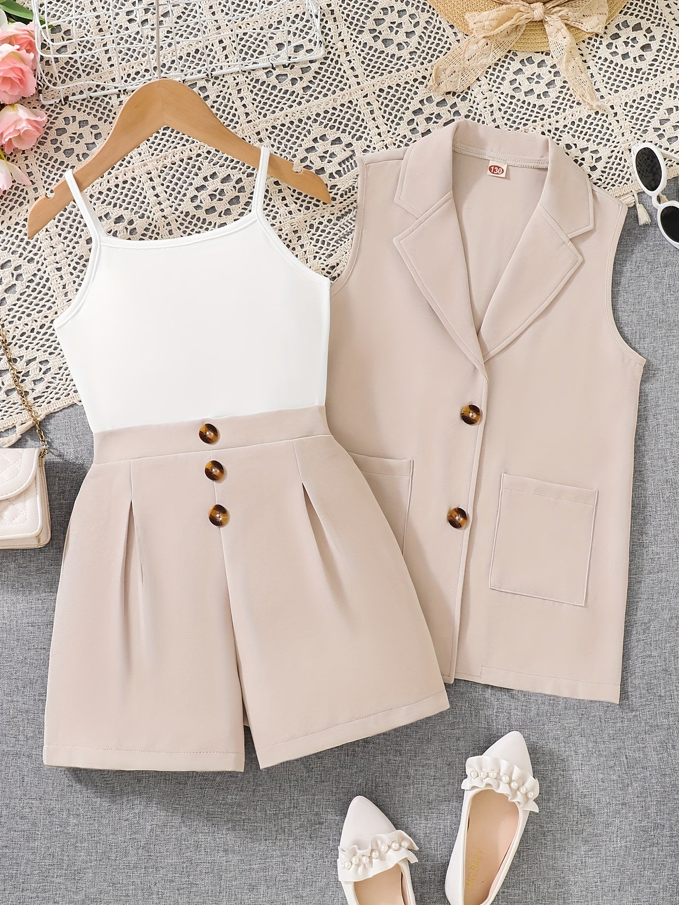 Girls' 3-piece Summer set: Sleeveless jacket, shorts outfit. Solid color. Polyester 95%, elastane 5%. Skinny fit. Work style. Slight stretch. Placket detail. Outdoor wear.