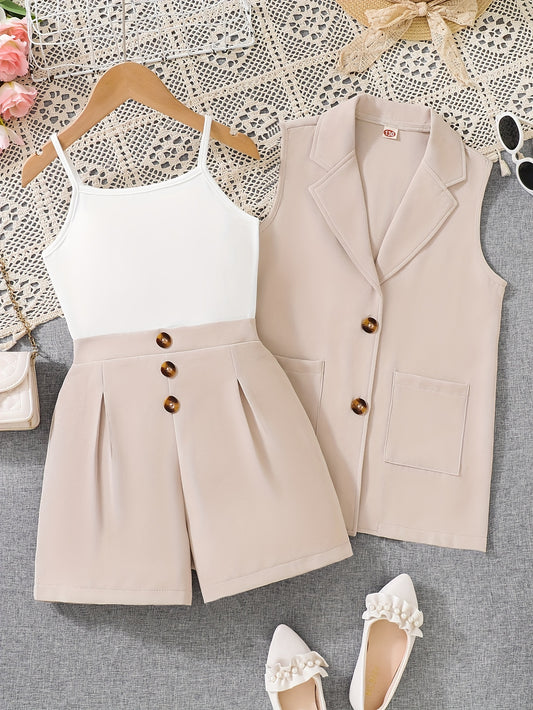 Girls' 3-piece Summer set: Sleeveless jacket, shorts outfit. Solid color. Polyester 95%, elastane 5%. Skinny fit. Work style. Slight stretch. Placket detail. Outdoor wear.