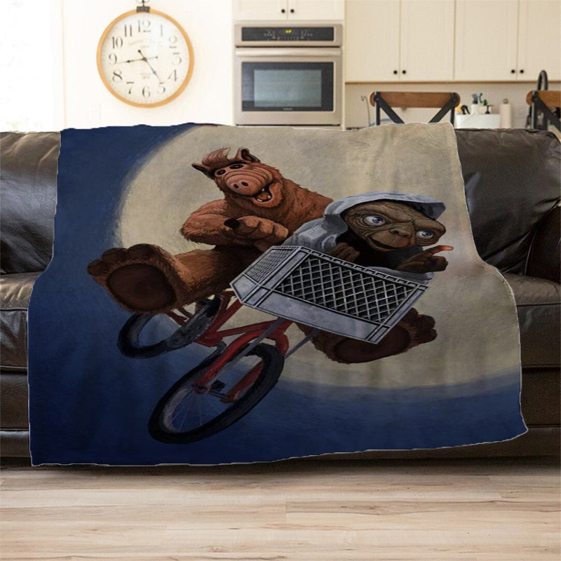 Cartoon Alien Bicycle Fleece Throw Blanket featuring ALF & E.T. - Made of Soft and Cozy Polyester - Perfect for Sofa, Office, Bed, Camping & Travel - Great All-Season Gift for Alien Fans