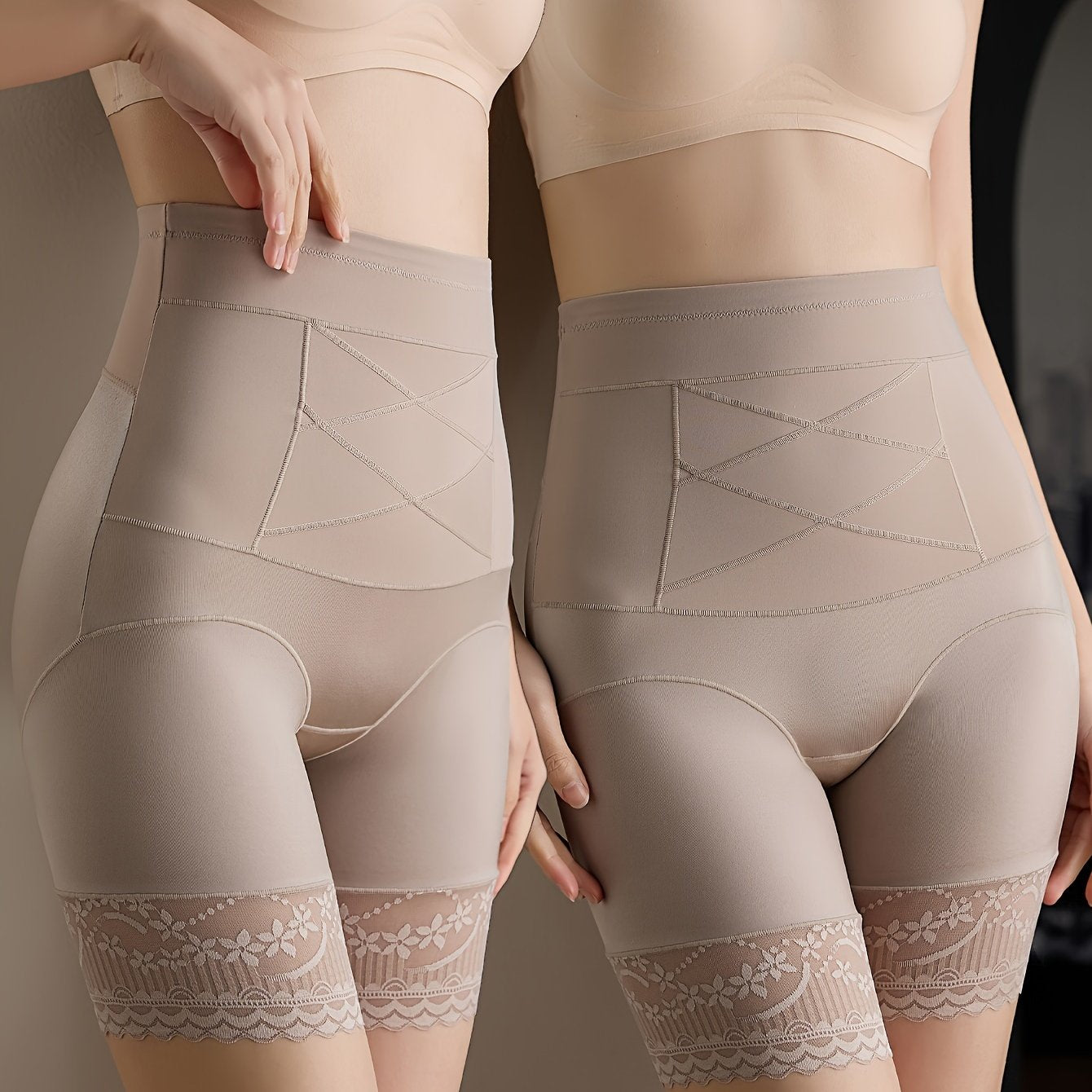 High-waist shaping panties with lace detail for women, made of 82% polyamide and 18% elastane blend, in a solid color.