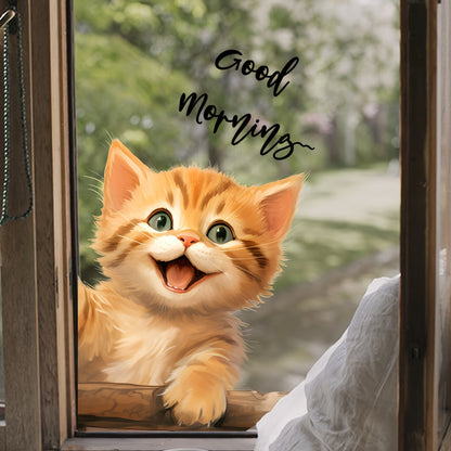 Charming Orange Tabby Cat Static Cling Window Decal - "Good Morning" Double-Sided, Reusable PVC Sticker, 5mil Thickness for Home & Office Windows and Walls