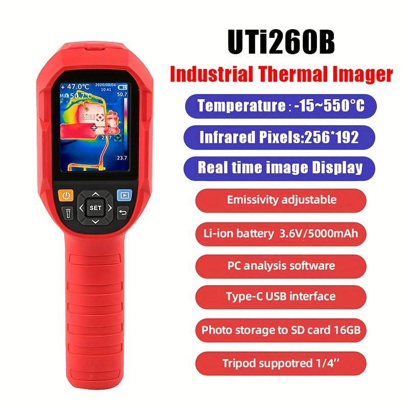 The UNI-T Uti260B Thermal Imager is designed for leak detection and maintenance, featuring a resolution of 256x192 at 25Hz.