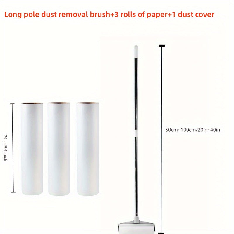 1 set includes a long rod dust brush, 2 rolls of paper, and 1 dust cover. Additionally, the set also includes a long rod dust brush, 3 rolls of paper, and 1 dust cover. The telescopic long rod handle roller sticky brush measures 100.0cm in length, while