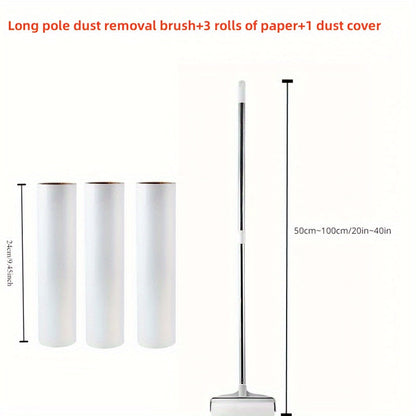 1 set includes a long rod dust brush, 2 rolls of paper, and 1 dust cover. Additionally, the set also includes a long rod dust brush, 3 rolls of paper, and 1 dust cover. The telescopic long rod handle roller sticky brush measures 100.0cm in length, while