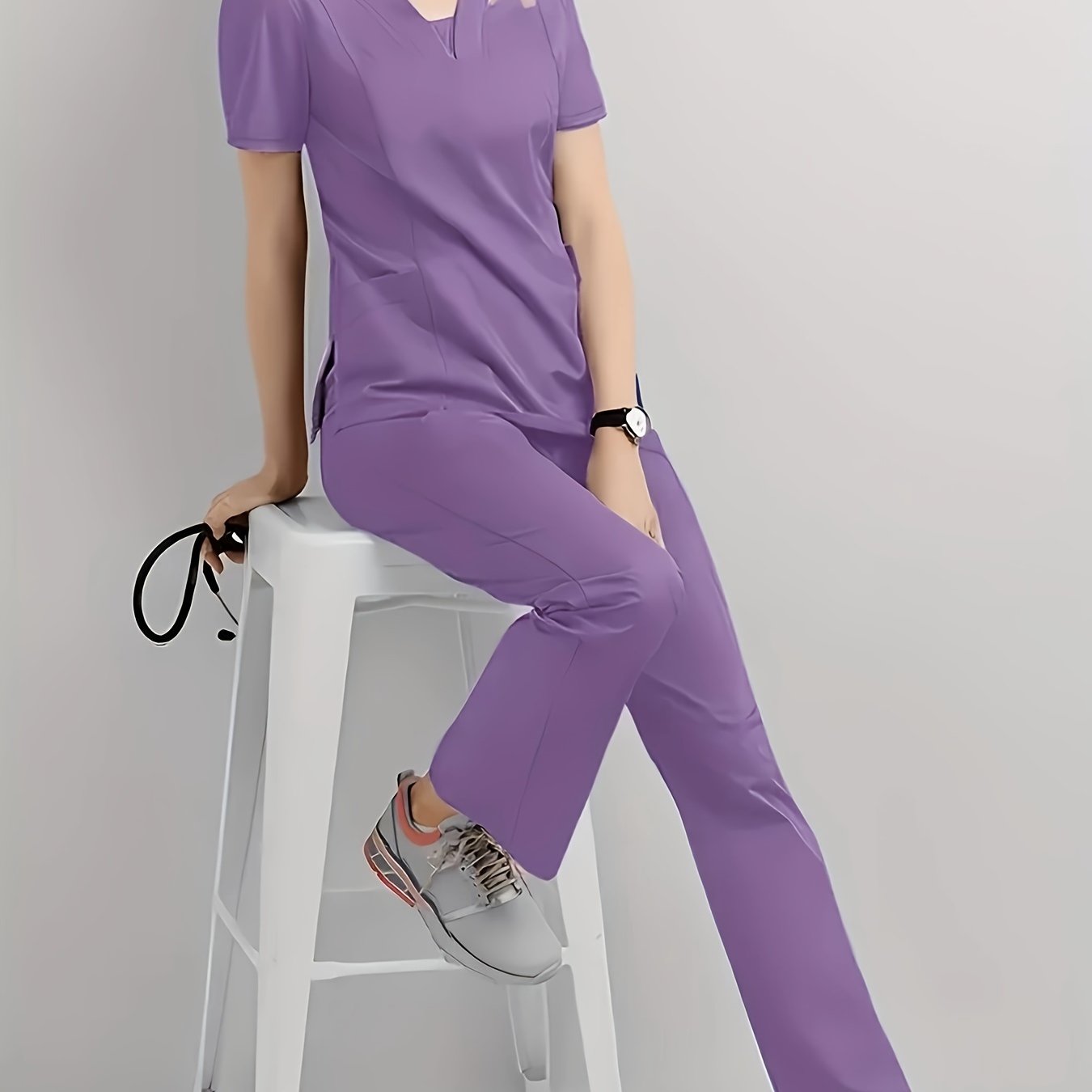 Women's V-Neck Scrub Set in Red, Polyester Blend, Short Sleeve, Machine Washable, with Pockets.