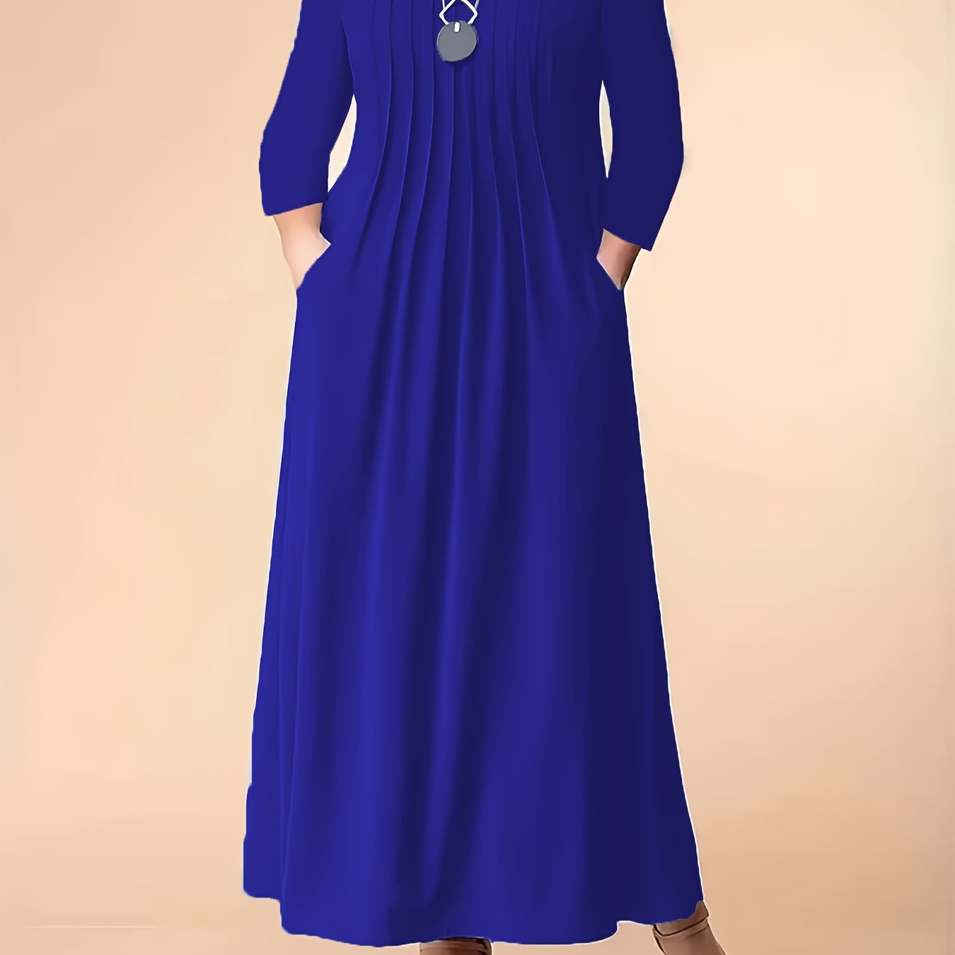 Stylish plus size dress in polyester knit with spandex, featuring a draped crew neck and fit and flare design for all seasons.