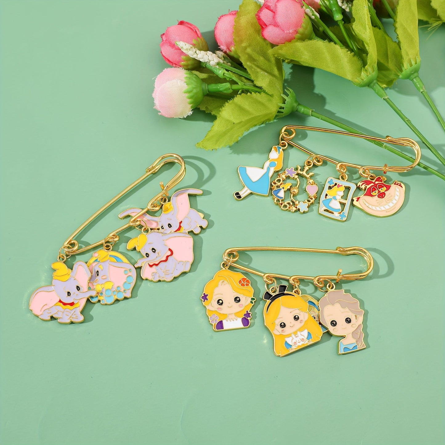 Set of 3 Adorable Cartoon Princess and Dumbo Enamel Brooch Pins, Made from Zinc Alloy Metal, Perfect for Adding a Splash of Fun to Clothes and Backpacks, Great for Daily Wear or Special Occasions Year-Round