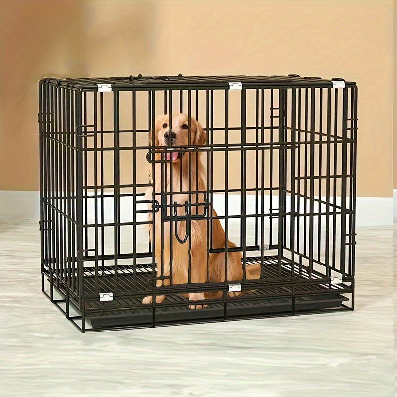 5-piece dog cage set includes feeder, tray, and mat. Foldable wire kennel for medium breeds, perfect for indoor use.