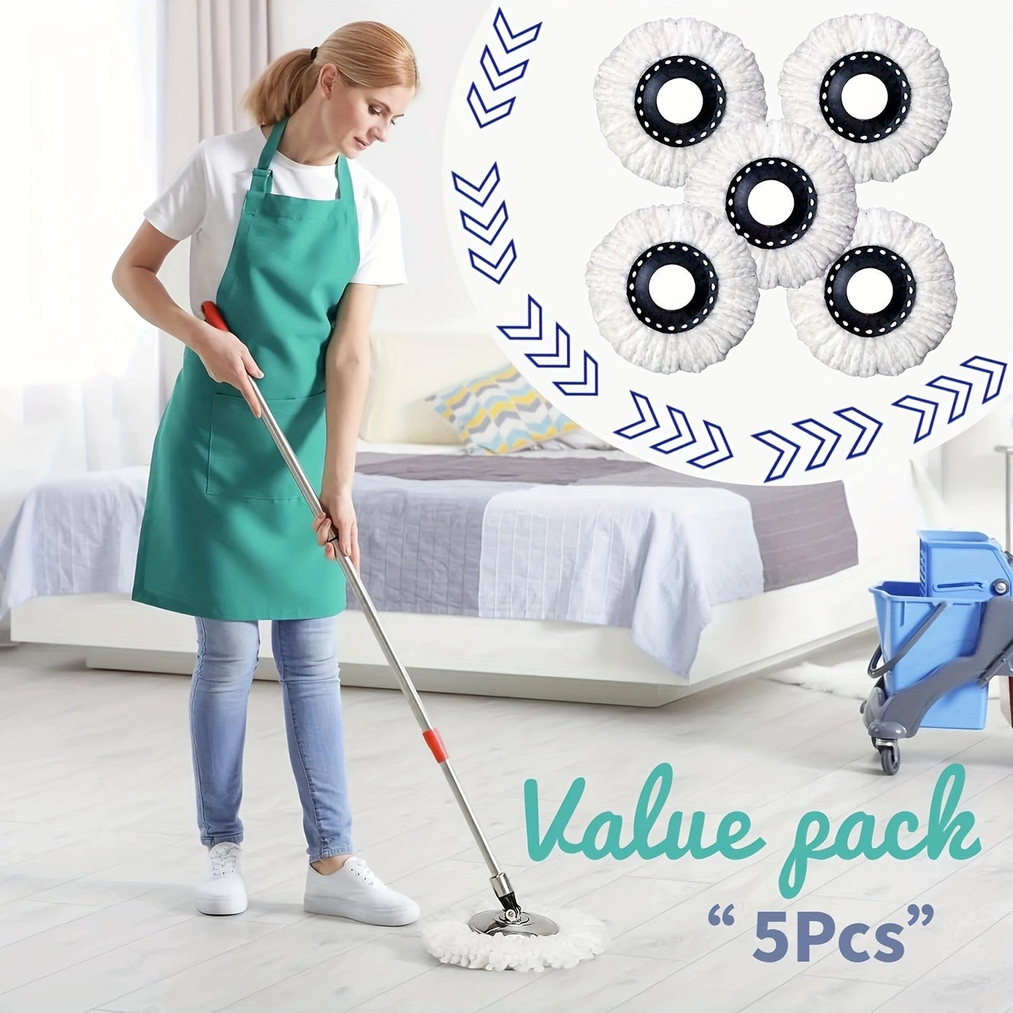 Set of 5 Spin Mop Replacement Heads, Round Standard Size Microfiber Refills, Easily Cleaned Hurricane Rotating Mop Head