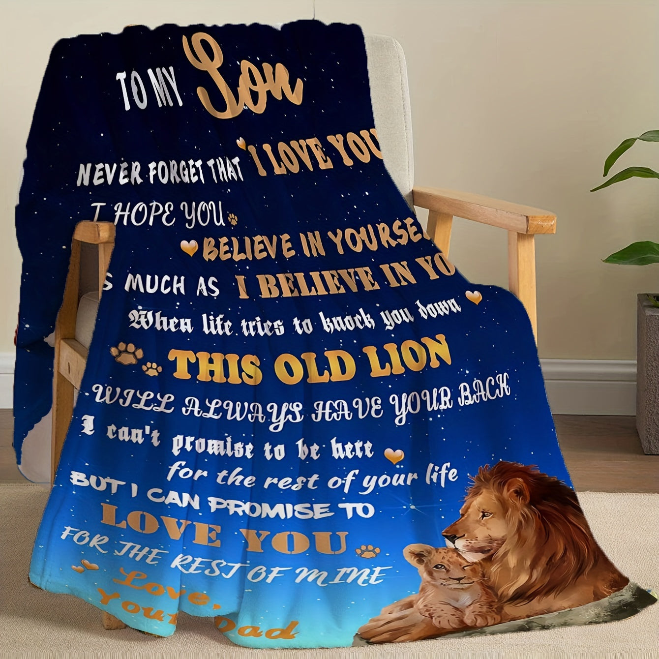 A warm and cozy flannel blanket featuring a heartfelt message from dad to son. Perfect for snuggling up on the couch, bed, or during camping trips. Ideal as a birthday gift for any occasion.