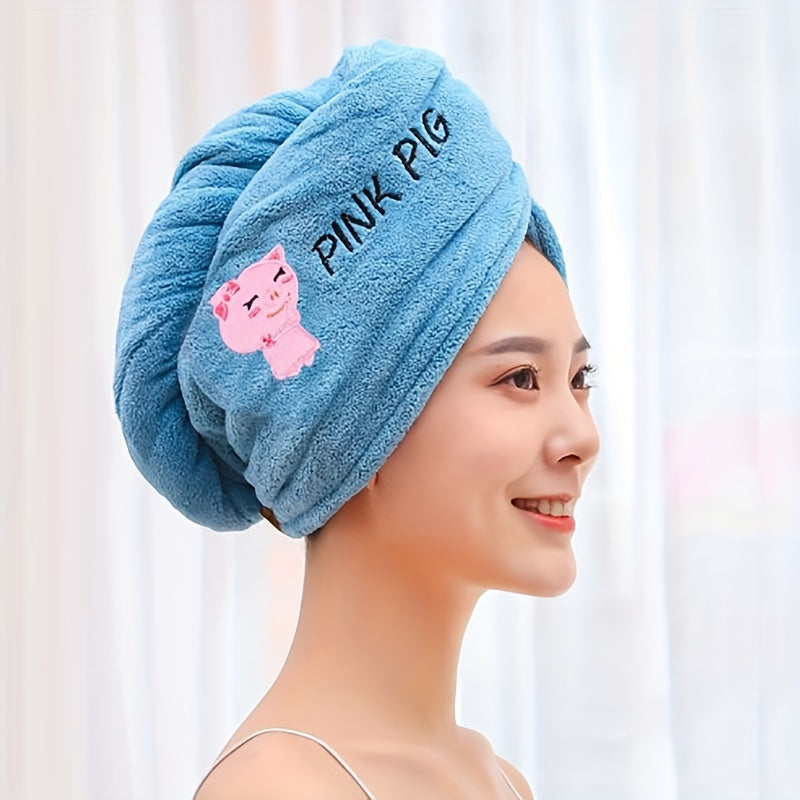 Soft coral fleece hair towel wrap with quick dry, thick material, cute cartoon design, double layer embroidery for extra absorption, and non-shedding shower cap.