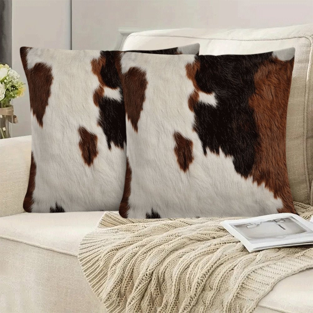 Set of 2 Modern Farmhouse Cowhide Print Pillow Covers, 45.72x45.72 cm, Made from Flannel Fabric, Easy to Clean in the Washing Machine, Stylish Decorative Throw Pillow Cases with Zipper Closure for Sofa and Bedroom, Provides Comfort All Year Round