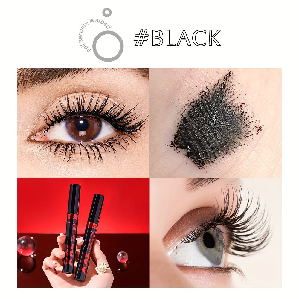 Black mascara with volumizing, lengthening, and curling formula for long-lasting lashes, containing plant squalane.