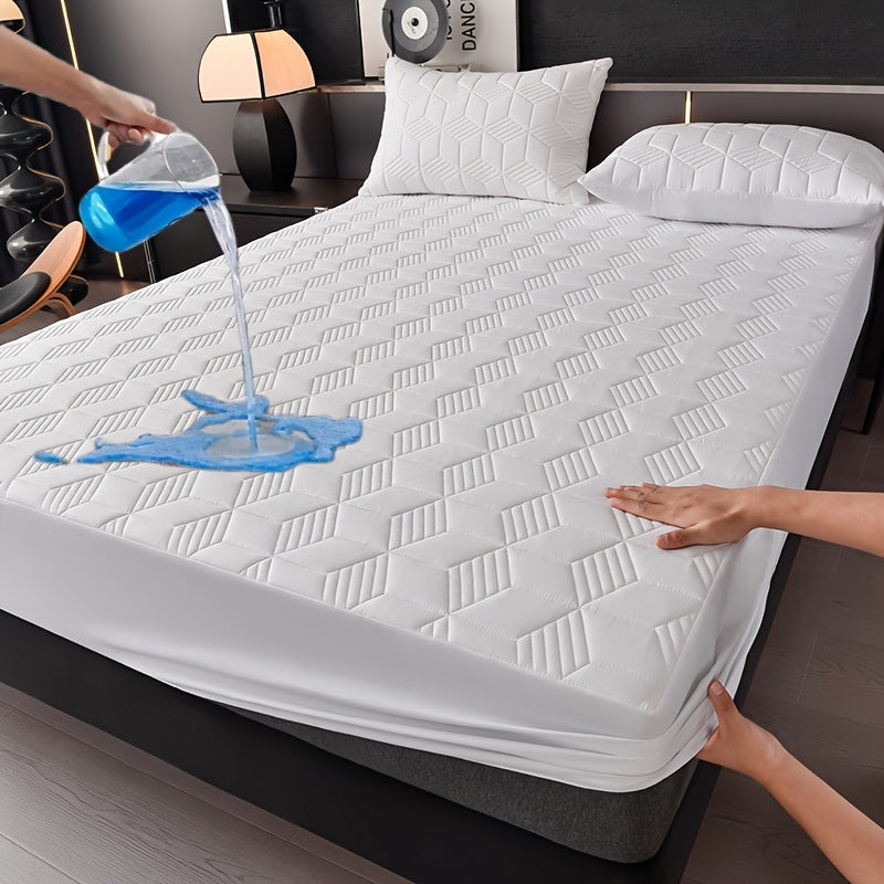 Waterproof mattress protector cover, machine washable with soft comfort fit. Suitable for hotel, living room, or bedroom. Made with polyester outer and PU inner, quilted with twill weave