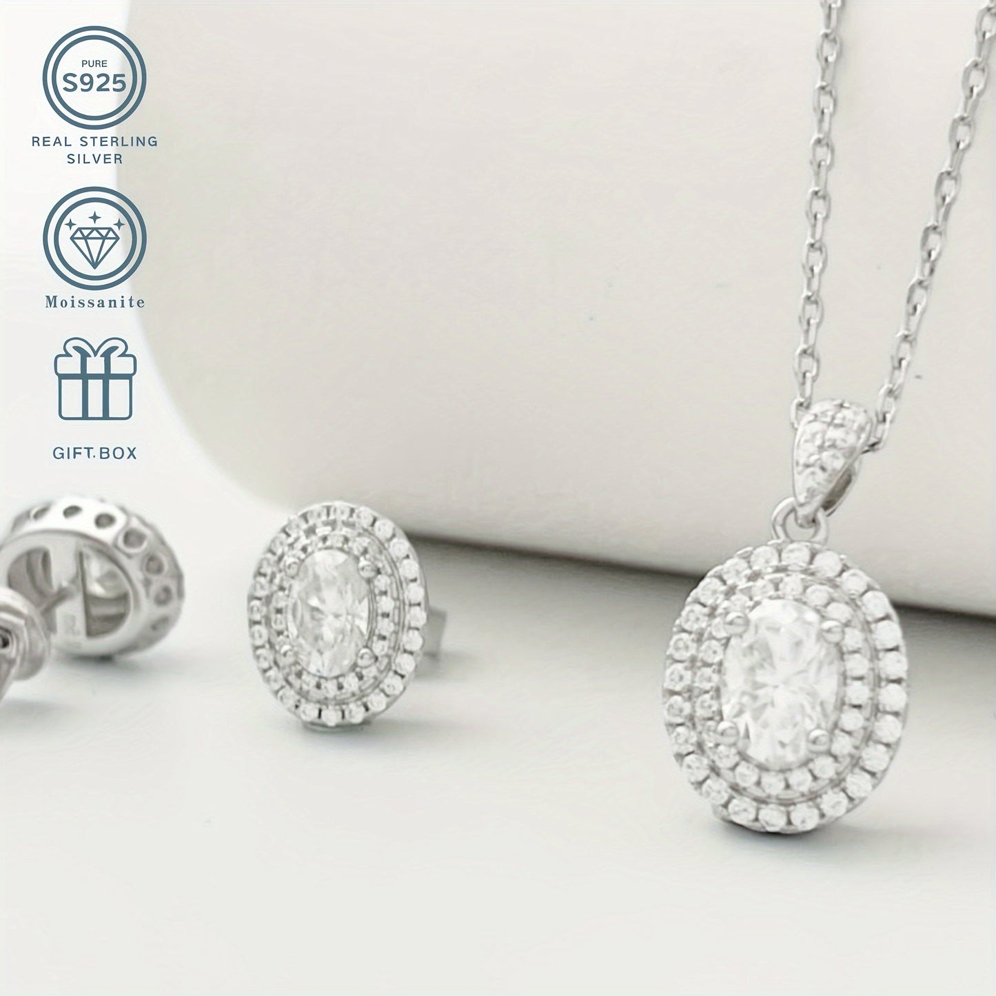 Elegant 925 Sterling Silver Moissanite Jewelry Set, Featuring 1.0 Carat Egg-Shaped Pendant and 0.5 Carat Earrings. This Sexy and Simple Style is perfect for Daily Wear or as a Wedding Accessory. Plated with 925 Silver, it makes an Ideal Gift for Mother's