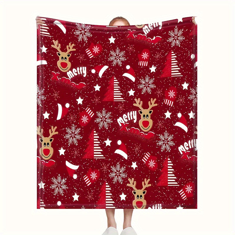 Warm and Cozy Christmas Throw Blanket featuring Santa, Tree, Elk, and Snowflake Designs for Couch & Bed - Reversible and Soft Material, Machine Washable for All-Season Comfort - Ideal for Christmas Season