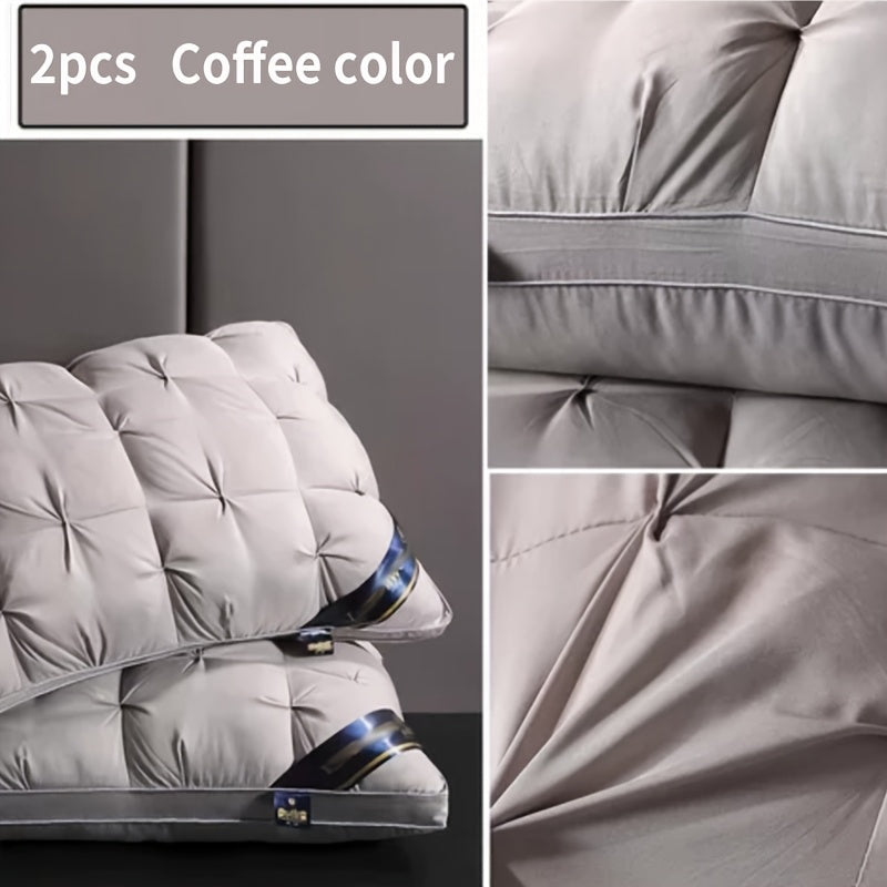 Two high-quality microfiber pillows for luxurious hotels, designed with a compressible flower-crafted neck support and a soft polyester cover. These pillows are dry clean only, made with woven fabric and weigh 95 grams each. They offer a moderate