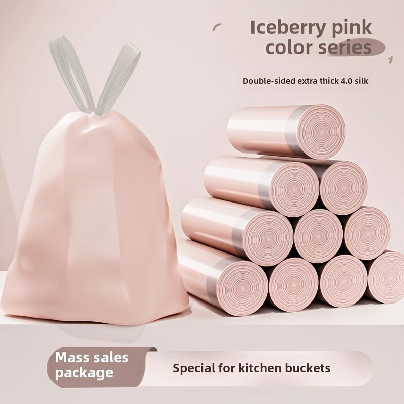 4 or 8 packs of Extra Thick Pink Drawstring Trash Bags, with a total of 400 or 800 bags. Made from puncture-resistant plastic, these garbage bags are suitable for use in the kitchen, bedroom, living room, and bathroom. Versatile and disposable, these