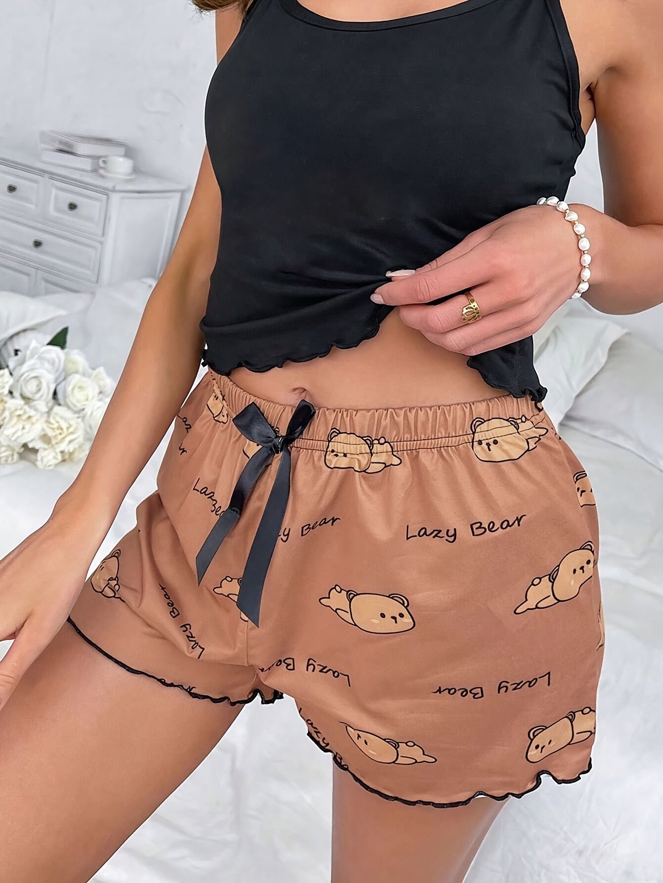 Women's Comfy Bear Pattern Sleep Shorts with Frill Trim and Bow Tie