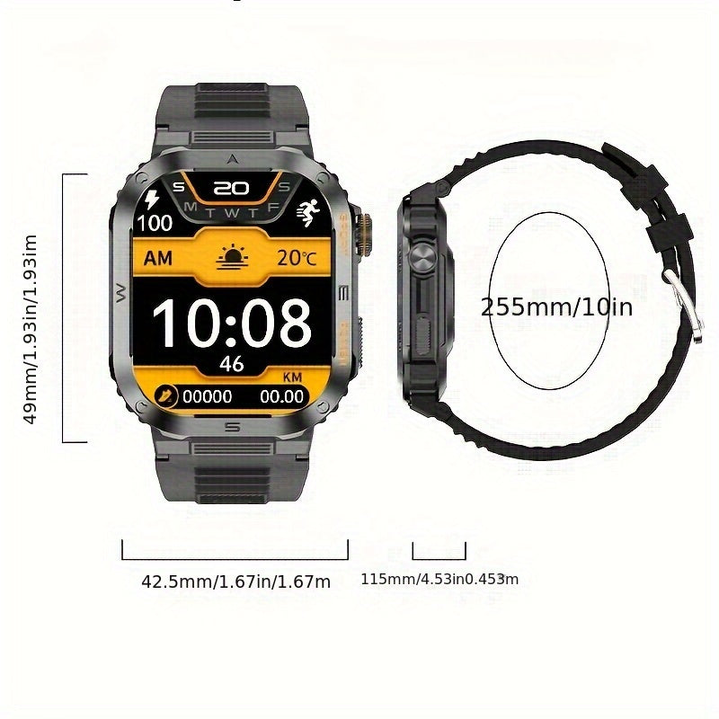 New durable smart watch for men with wireless calling, sports and fitness features, AI voice assistance, and outdoor capabilities with phone connectivity.