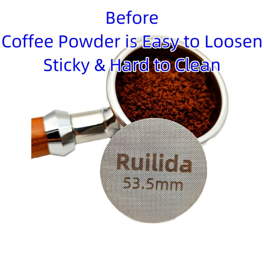 RUILIDA's Professional Espresso Puck Screen is a reusable filter mesh plate made of 316 stainless steel. It fits portafilter baskets ranging from 49mm to 58.5mm in size and has a thickness of 1.7mm. Experience the quality and durability of RUILIDA's