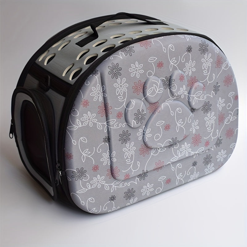 Portable, foldable cat carrier with breathable design and durable shell, ideal for outdoor adventures.