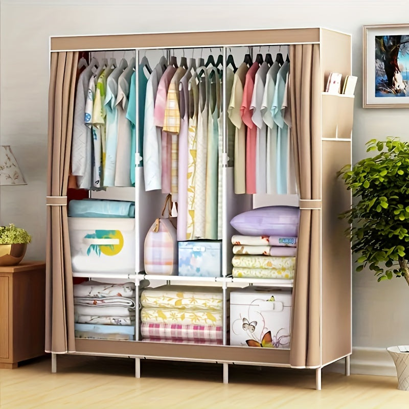 Metal Fabric Wardrobe Organizer with Clothing Storage Rack, Easy Assembly Closet System for Shirts, Clothes, and Quilts. Versatile storage solution for home, dorm, or bedroom. Requires no power, weather-resistant, and weighs under 13.61KG with a height