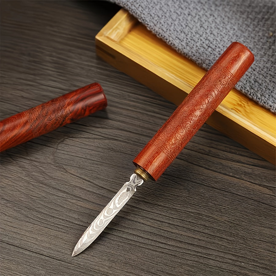 High-quality Damascus steel tea knife featuring a stainless steel Puer tea cutter, tea brick opener, and accessory tool.