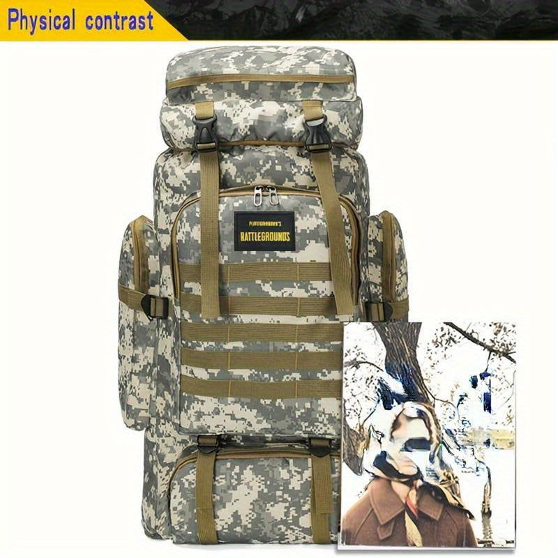 Durable camo travel backpack made from waterproof Oxford cloth, perfect for outdoor adventures and long trips.