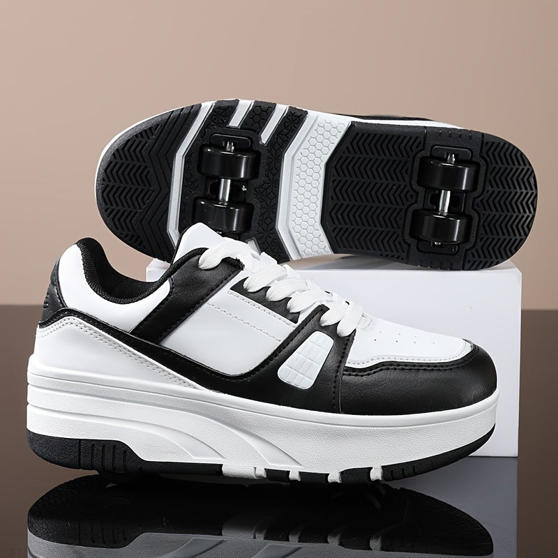 Boys' roller skate shoes with non-slip dual wheel, lace-up design and durable buckle straps in black and white, for all seasons.