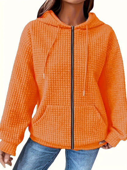 Stylish plus size women's hoodie with zipper made of polyester and elastane blend, perfect for all seasons with no fading or shrinking.