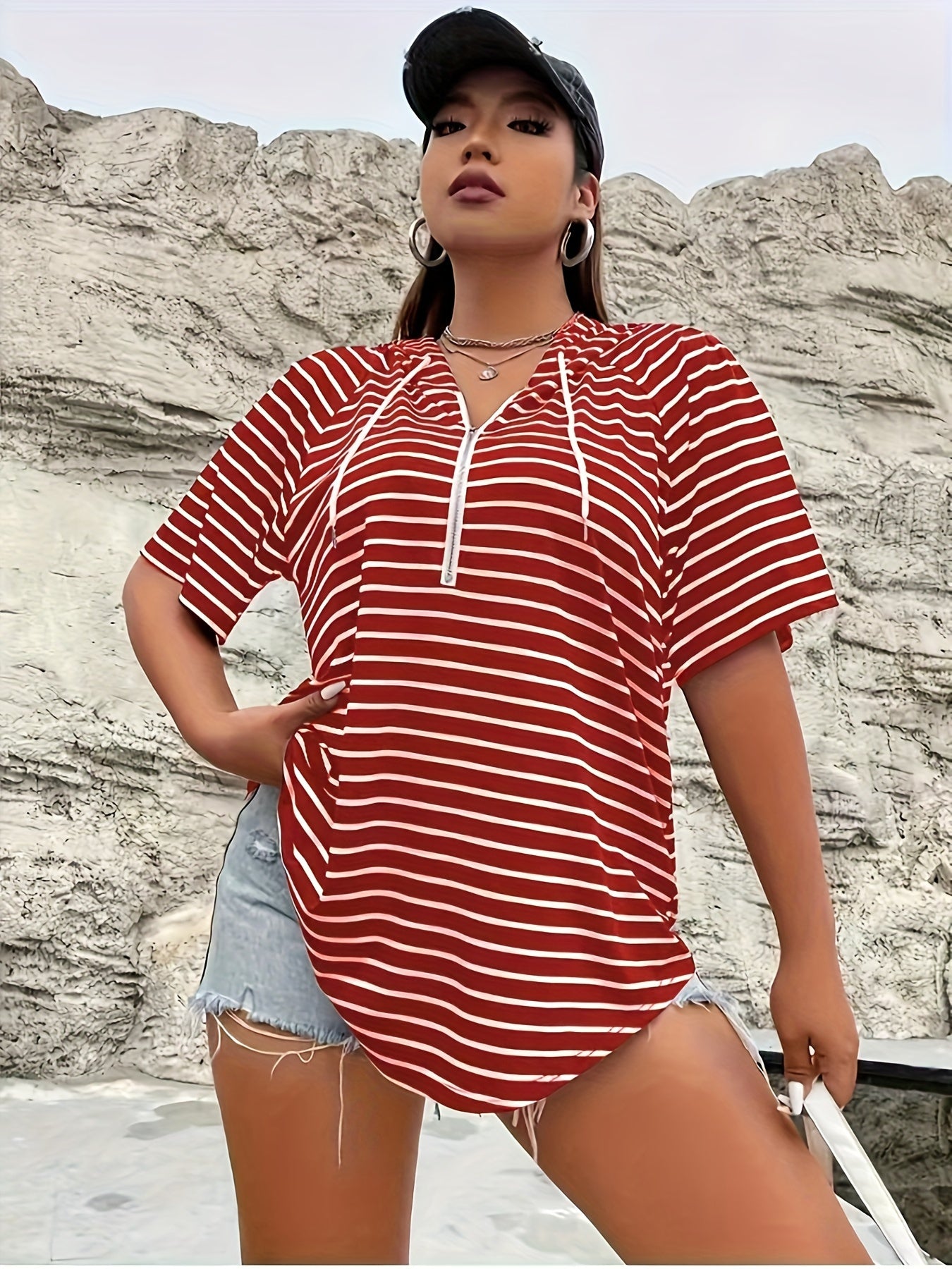 Women's red and white striped hooded T-shirt with zipper, drawstring, and kangaroo pocket. Made of polyester spandex blend knit fabric, relaxed fit for spring/summer collection.