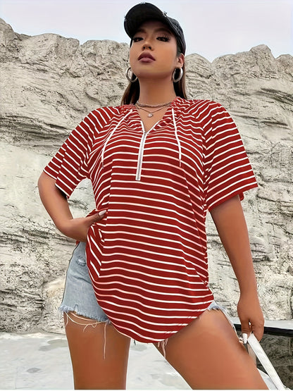 Women's red and white striped hooded T-shirt with zipper, drawstring, and kangaroo pocket. Made of polyester spandex blend knit fabric, relaxed fit for spring/summer collection.