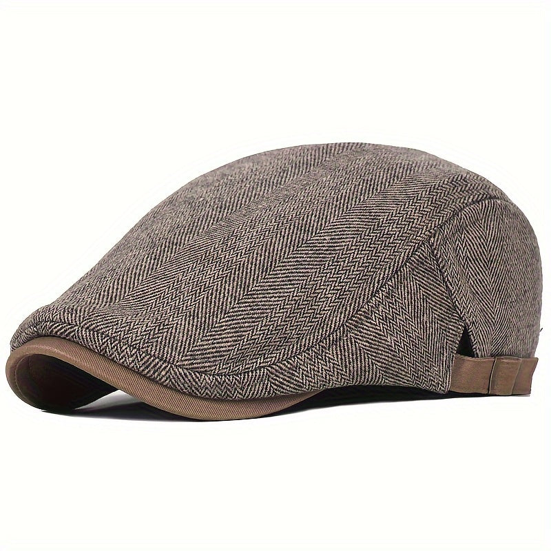 Men's Vintage Newsboy Cap in a Big Size, Made with Thick Warm Polyester Beret Material, Featuring a Casual Striped Peaked Hat Design, Adjustable Flat Cap with Herringbone Weave, Easy to Hand Wash