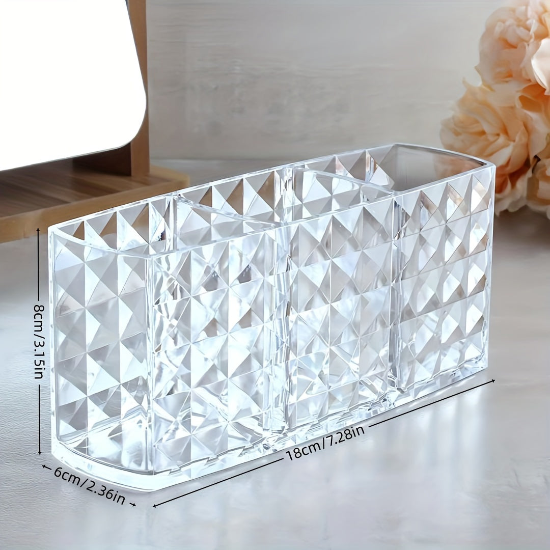 Clear plastic makeup brush holder with large capacity for organizing cosmetics on vanity or bathroom countertop. Lightweight, independent design with no electricity needed. Under 3.2 cubic feet storage and less than 68.58 cm tall. Stylish and clear